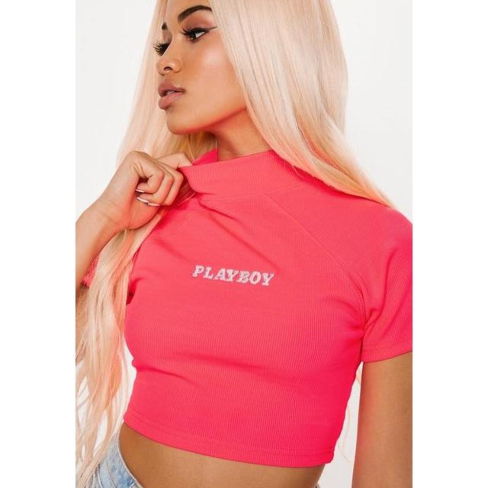 Playboy x Misguided Neon Pink Crop Top